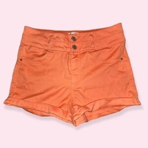 Y2K High Rise Double Button Shorts Size 8 | Bright Coral Colorful Cuffed Hem